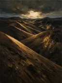Landschapsschilderij, duinruggen in de wind in strijklicht