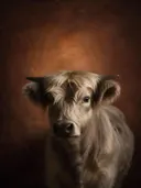 Studioportret van Dun Hooglander van voren, tegen een geschilderd doek in terracotta