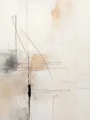 Abstract schilderij met dunne kruisende lijnen op een beige achtergrond.