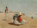East Hampton Beach, Long Island van Winslow Homer: figuren met strand, vrouwen, parasol en zomer, in licht beige en blauw