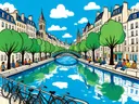 Edam, brug in cartoonstijl, schilderij van Edam