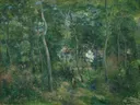 Edge of the Woods Near L' , Pontoise van Camille Pissarro: landschap met bos, bomen, gras en zomer, in groen en grijs