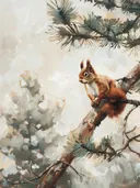 Schilderij van een rode eekhoorn op een tak van een dennenboom.