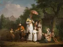 Een adellijke familie deelt aalmoezen uit in een park van Mattheus Ignatius van Bree: portret
