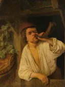 Klassiek schilderij 'Een Bakker Blazend op Zijn Hoorn' naar Adriaen van Ostade