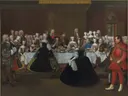 Een banket aan het hof van keizer Karel VI van Johann Salomon Wahl: figuren met feest en groep mensen