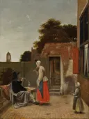 Een binnenplaats met figuren van Pieter de Hooch: figuren met binnenplaats, vrouw, man en kind, in warm rood met grijs