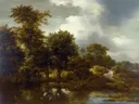 Een boslandschap met een vijver van Jacob van Ruisdael: landschap met bos, vijver, bomen en water, in warm groen en oker