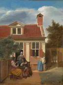 Klassiek schilderij 'Een Gezelschap op de Plaats Achter een Huis' naar Pieter de Hooch