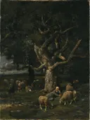 Een herderin met haar schapen van Charles Jacque: dieren met bomen