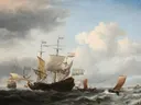 Een Hollands vlaggenschip gaat voor anker van Willem van de Velde the Younger: zee met schepen en zee