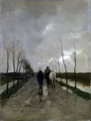 Een Hollandse weg van Anton Mauve: landschap met weg, bomen, wandelaars en mist, in gedempt grijs