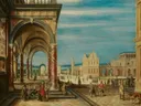 Een imaginair stadsplein met gebouwen van Hendrik van Steenwijk II: stad met plein, paleis, zuilen en figuren, in warm oker met blauw