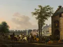Een jachtstoet bij de Hofvijver in Den Haag, gezien vanaf het Buitenhof van Gerrit Adriaenszoon Berckheyde: stad met stadsgezicht, ruiters, honden en bomen, in warm okergeel met blauw