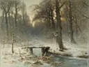 Een januari-avond in het Haagse bos van Louis Apol: landschap met winter, sneeuw, bos en water, in grijsblauw met wit