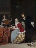Een jonge vrouw die muziek schrijft van Gabriel Metsu: interieur met vrouwen, muziek, kamer en hondje, in warm rood en wit