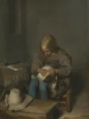 Een jongen die vlooien van een hond plukt van Gerard ter Borch: dieren