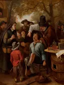 Een kiezentrekker van Jan Steen: figuren met kiezentrekker, menigte, boom en kinderen, in warm bruin met rood