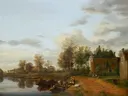 Een landhuis aan de Vliet bij Delft; op de achtergrond een zandtransport van Jan van der Heyden: landschap met rivier, landhuis, bomen en koeien, in zacht blauw en groen