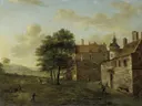 Een landhuis van Jan van der Heyden: landschap met landhuis, bomen, weg en figuren, in gedempt groen en beige