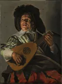 Een luitspeler, bekend als 'De serenade van Judith Leyster: figuren met luit, muziek, man en verenhoed, in donkerbruin en rood