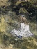 Een meisje met bloemen in het gras Dochter van met bloemen in het gras van Jacob Maris: figuren met meisje, bloemen, gras en wit jurkje, in donkergroen en wit
