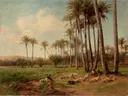 Een oase in de woestijn van David Bates: landschap met schapen