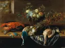 Een pauw, fruit, gekookte kreeft en geschoten vogels van Adriaen van Utrecht: stilleven met fruit en vis