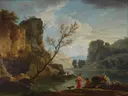 Een rivier met vissers van Joseph Vernet: zee met open water