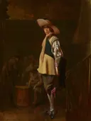 Een staande officier van Willem Cornelisz Duyster: portret met officier, hoed, wambuis en staand, in warm bruin met geel