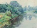 Een stille rivier op een grijze dag van Mabel May Woodward: zee met rivier