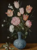 Een vaas met bloemen van Jan Brueghel the Elder: bloemen met boeket, tulpen, rozen en vaas, in roze en wit op donker