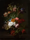 Een vaas met bloemen van Rachel Ruysch: bloemen met boeket, rozen, anjers en vaas, in roze en wit op donker