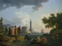 Een zeekust van Joseph Vernet: zee met zeilschip, vuurtoren en kust