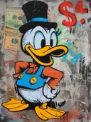 Pop-art schilderij van een eendfiguur in overall met graffiti dollarteken en dollarbiljetten