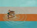 Schilderij van eend in aqua en warm grijs, in vlakke kleurvlakken