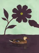 Schilderij van eend in aubergine en mint, in vlakke kleurvlakken