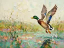 Eend in beweging tussen de grassen, schilderij van eend