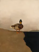 Schilderij van eend in camel en ivoor, in vlakke kleurvlakken