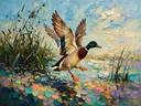 Eend in diep beweging tussen de grassen, schilderij van eend