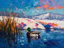 Eend in diep het landschap in de sneeuw, schilderij van eend
