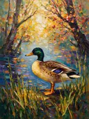 Eend in diep pose bij bloesem, schilderij van eend