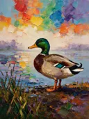Eend in diep pose in de mist, schilderij van eend