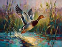 Eend in donker beweging tussen de grassen, schilderij van eend