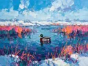 Eend in donker het landschap in de sneeuw, schilderij van eend