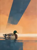Schilderij van eend in grijsblauw en abrikoos, in vlakke kleurvlakken