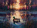 Eend in het landschap tussen de bomen, schilderij van eend