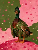 Schilderij van eend in olijf en roze, in vlakke kleurvlakken