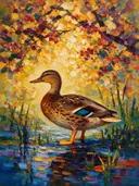 Eend in pose bij bloesem, schilderij van eend