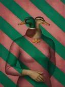 Schilderij van eend in smaragd en oud roze, in vlakke kleurvlakken